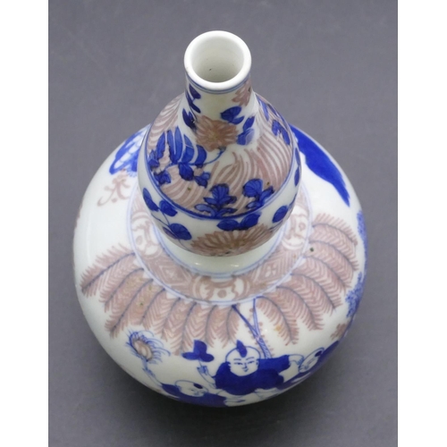 172 - An Oriental gould shaped vase on white, blue and red ground with figure decoration, 20cm high.