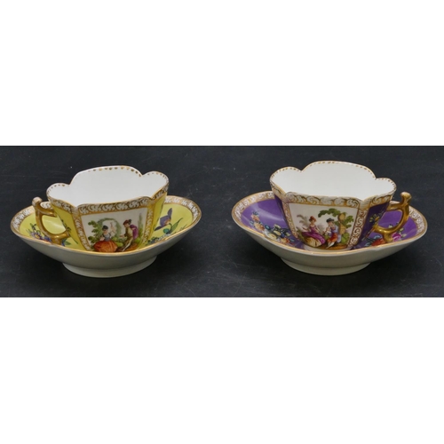 184 - 2 Dresden Meissen scallop shaped cups and saucers on white, yellow and purple ground with multi-colo... 