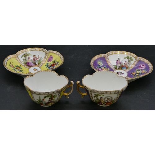 184 - 2 Dresden Meissen scallop shaped cups and saucers on white, yellow and purple ground with multi-colo... 