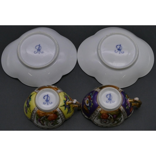 184 - 2 Dresden Meissen scallop shaped cups and saucers on white, yellow and purple ground with multi-colo... 