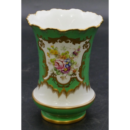 185 - A Royal Crown Derby round bulbous thin trumpet shaped vase on white and green ground with multi-colo... 