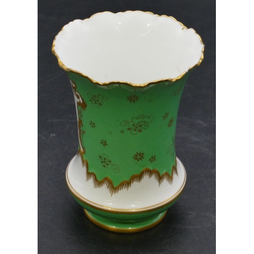 185 - A Royal Crown Derby round bulbous thin trumpet shaped vase on white and green ground with multi-colo... 