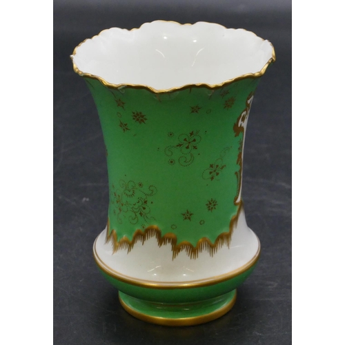 185 - A Royal Crown Derby round bulbous thin trumpet shaped vase on white and green ground with multi-colo... 