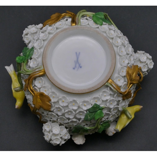 187 - A Meissen lidded pot with all over raised encrusted floral and branch decoration, mounted with 4 yel... 