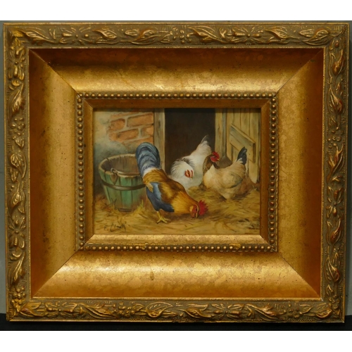 188 - F Clark porcelain plaque depicting chickens feeding, signed, in gilt frame, 8 x 10.5cm.