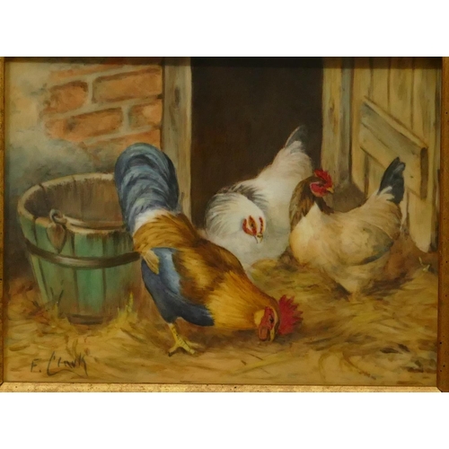 188 - F Clark porcelain plaque depicting chickens feeding, signed, in gilt frame, 8 x 10.5cm.