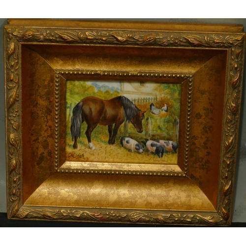 189 - F Clark porcelain plaque depicting horse, pigs and chicken, signed, in gilt frame, 8.2 x 10.5cm.