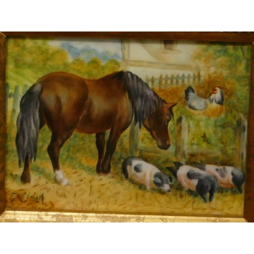 189 - F Clark porcelain plaque depicting horse, pigs and chicken, signed, in gilt frame, 8.2 x 10.5cm.