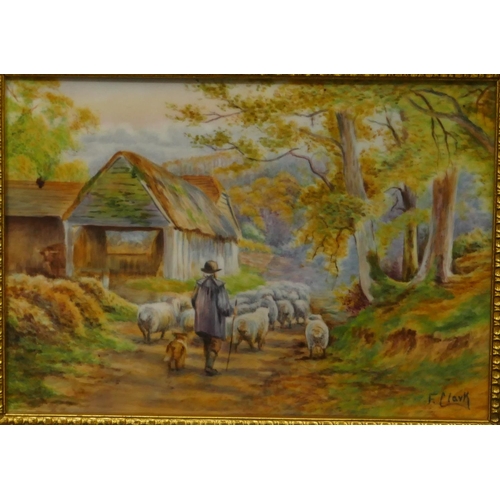 190 - F Clark rectangular porcelain plaque depicting shepherd and sheep in country lane, signed, in gilt f... 