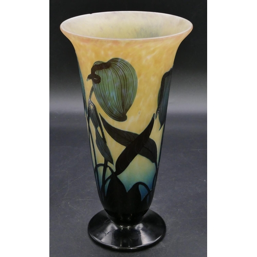 191 - Delatte Nancy Art Nouveau cameo glass round trumpet shaped vase with raised floral and leaf decorati... 