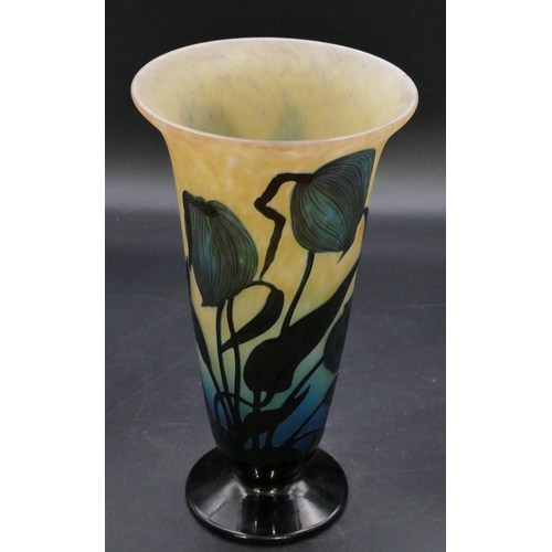 191 - Delatte Nancy Art Nouveau cameo glass round trumpet shaped vase with raised floral and leaf decorati... 