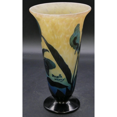 191 - Delatte Nancy Art Nouveau cameo glass round trumpet shaped vase with raised floral and leaf decorati... 