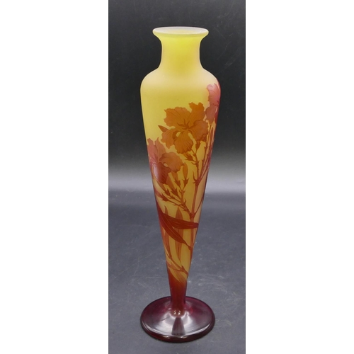 192 - A Galle cameo glass round bulbous thin necked trumpet shaped vase on yellow and red ground with rais... 