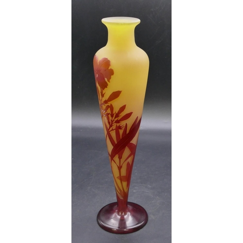 192 - A Galle cameo glass round bulbous thin necked trumpet shaped vase on yellow and red ground with rais... 