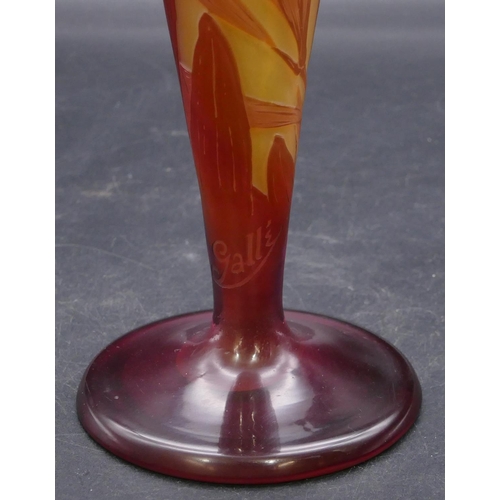 192 - A Galle cameo glass round bulbous thin necked trumpet shaped vase on yellow and red ground with rais... 