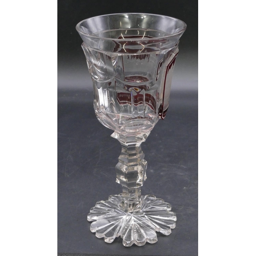 195 - A clear and ruby round trumpet shaped drinking glass with etched panel 