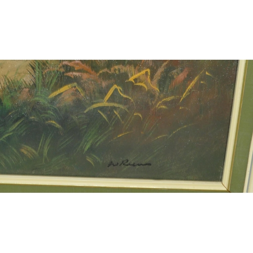 206 - A modern oil on canvas depicting pheasants in woodland scene, indistinctly signed, in green and whit... 