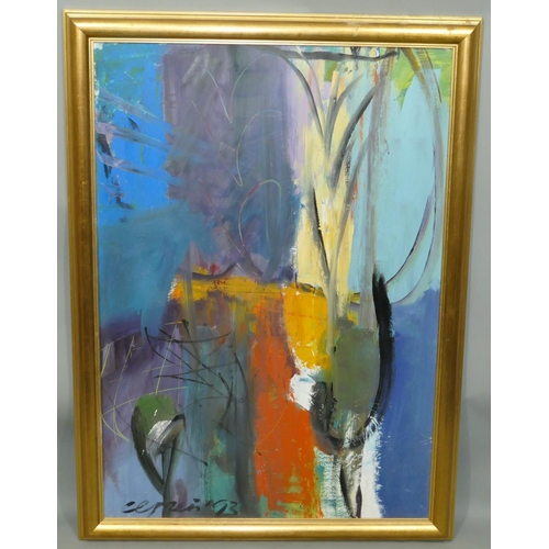 209 - An abstract oil on board, indistinctly signed and dated '93, in gilt frame, 99cm x 69cm.