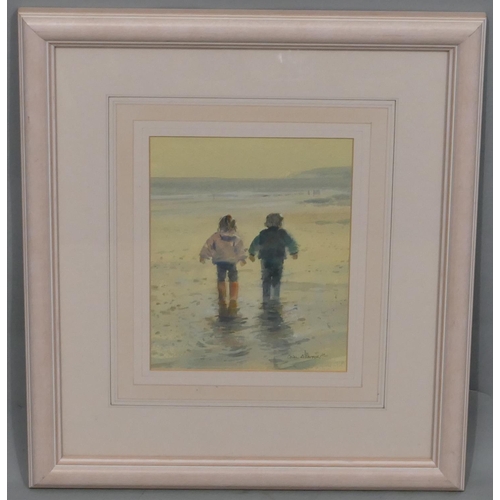 211 - Collin Allbrook watercolour depicting 2 children standing on water's edge, signed, in painted frame,... 