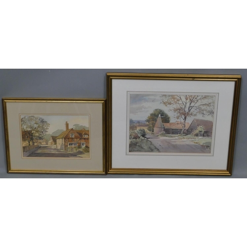 212 - Albert Houghton watercolour depicting farm buildings on country road, in gilt frame, 27cm x 36.5cm a... 