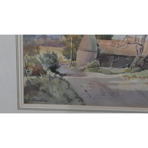 212 - Albert Houghton watercolour depicting farm buildings on country road, in gilt frame, 27cm x 36.5cm a... 