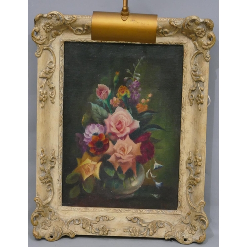 226 - An oil on canvas still life vase of roses and other flowers, indistinctly signed, in white painted f... 