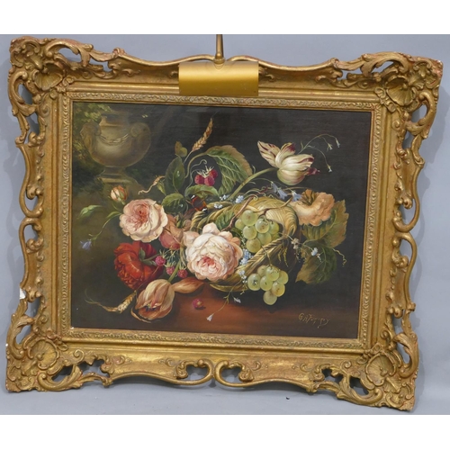 227 - GA Pomfrey oil on canvas still life basket of flowers with butterfly and insects, signed, in gilt fr... 