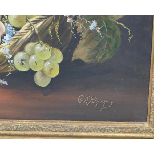 227 - GA Pomfrey oil on canvas still life basket of flowers with butterfly and insects, signed, in gilt fr... 