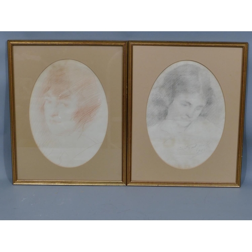 229 - A pair of pencil and crayon sketches set to the oval, shoulder length portraits of young ladies, 1 i... 