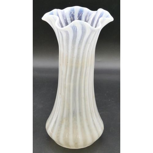 23 - A glass round trumpet shaped vase with crinkled rim with raised milk glass stripes, 25cm high.