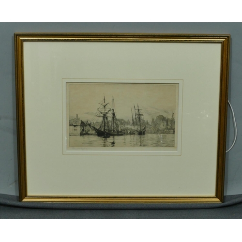 230 - Howard Wyllie marine black and white etching depicting moored sailing boats, signed in pencil, in gi... 