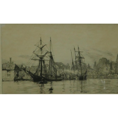 230 - Howard Wyllie marine black and white etching depicting moored sailing boats, signed in pencil, in gi... 