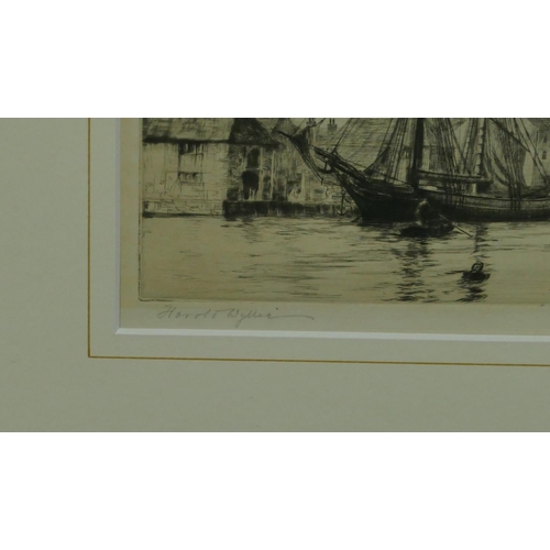 230 - Howard Wyllie marine black and white etching depicting moored sailing boats, signed in pencil, in gi... 