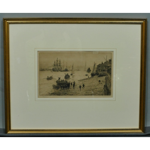 231 - William Lionel Wyllie (British 1851-1931) signed black and white etching depicting sailors boarding ... 