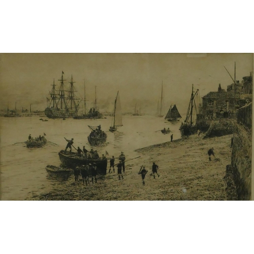 231 - William Lionel Wyllie (British 1851-1931) signed black and white etching depicting sailors boarding ... 