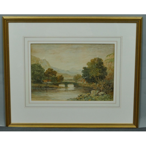 233 - AA Bradbury watercolour depicting arched bridge with cottages in background, signed and dated 1905, ... 