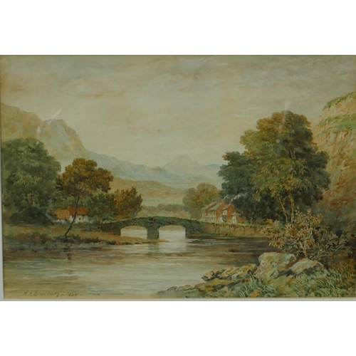 233 - AA Bradbury watercolour depicting arched bridge with cottages in background, signed and dated 1905, ... 