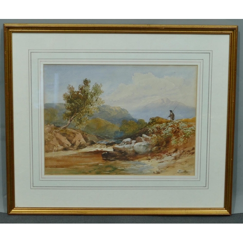 234 - Watercolour depicting fly fisherman walking near stream, unsigned, in gilt frame, 26 x 35cm.