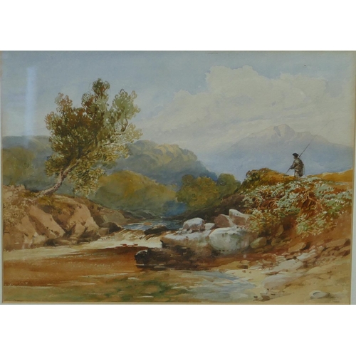 234 - Watercolour depicting fly fisherman walking near stream, unsigned, in gilt frame, 26 x 35cm.