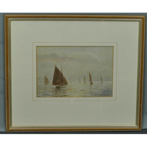 237 - THH Hand marine watercolour depicting various sailing boats in calm water, signed and dated 1921, fr... 