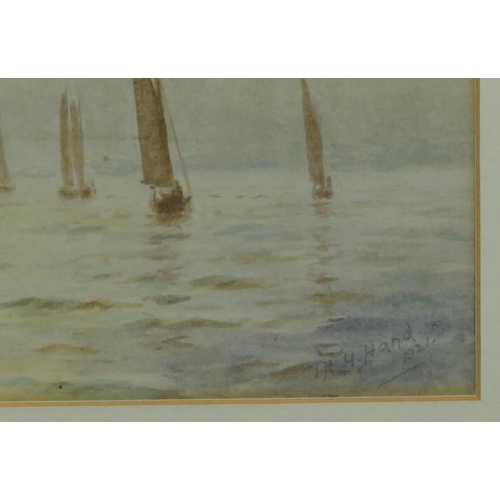 237 - THH Hand marine watercolour depicting various sailing boats in calm water, signed and dated 1921, fr... 