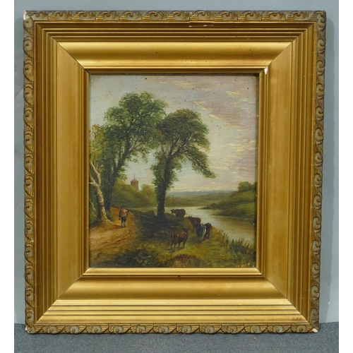 242 - An oil on card, farmer and cattle on waters edge with church in background, monogramed WWT, in gilt ... 