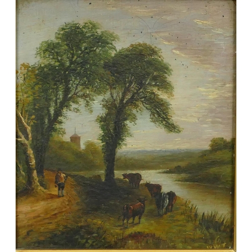 242 - An oil on card, farmer and cattle on waters edge with church in background, monogramed WWT, in gilt ... 