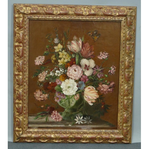 243 - An oil on panel still life of butterfly and vase of flowers, in gilt frame, 35.5 x 29cm.