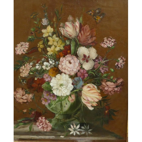 243 - An oil on panel still life of butterfly and vase of flowers, in gilt frame, 35.5 x 29cm.