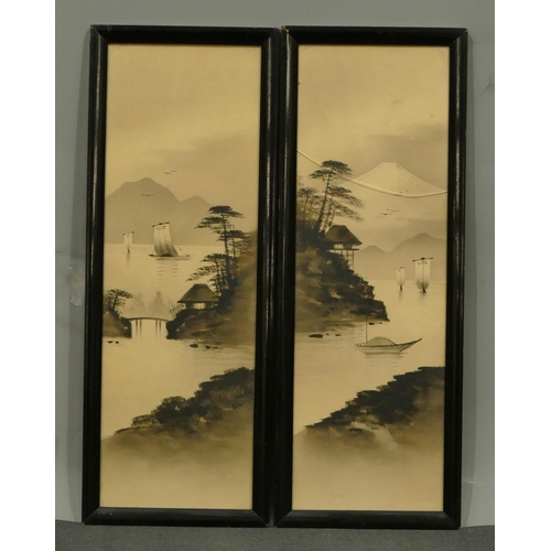 245 - A pair of Oriental monochrome watercolours depicting river landscape with mountains in background, i... 