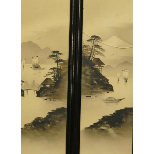 245 - A pair of Oriental monochrome watercolours depicting river landscape with mountains in background, i... 