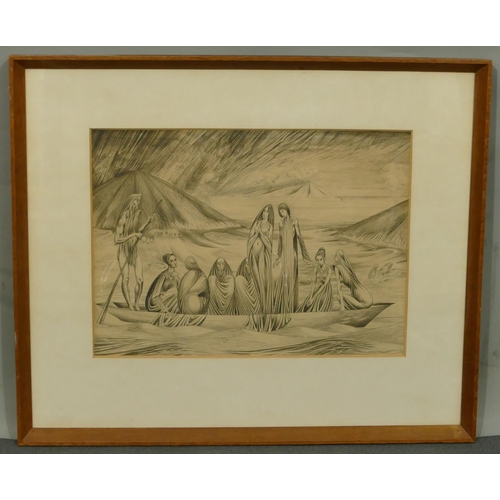 246 - Plummer pencil sketch depicting various figures in boat, indistinctly signed and dated '52, in oak f... 