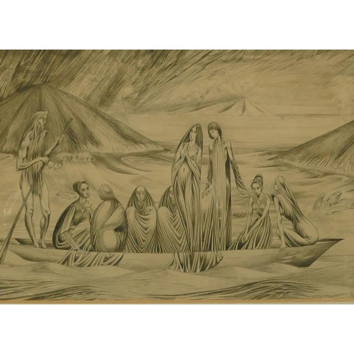 246 - Plummer pencil sketch depicting various figures in boat, indistinctly signed and dated '52, in oak f... 