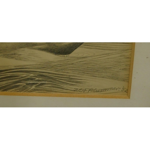 246 - Plummer pencil sketch depicting various figures in boat, indistinctly signed and dated '52, in oak f... 